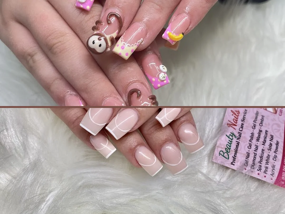 Bright nail salon interior with manicure stations.